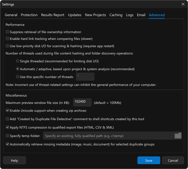 Advanced options for duplicate scan performance, threading, and disk I/O priority