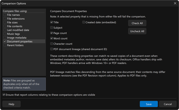 Comparison Options window with Document properties selected, showing the individual properties available for matching