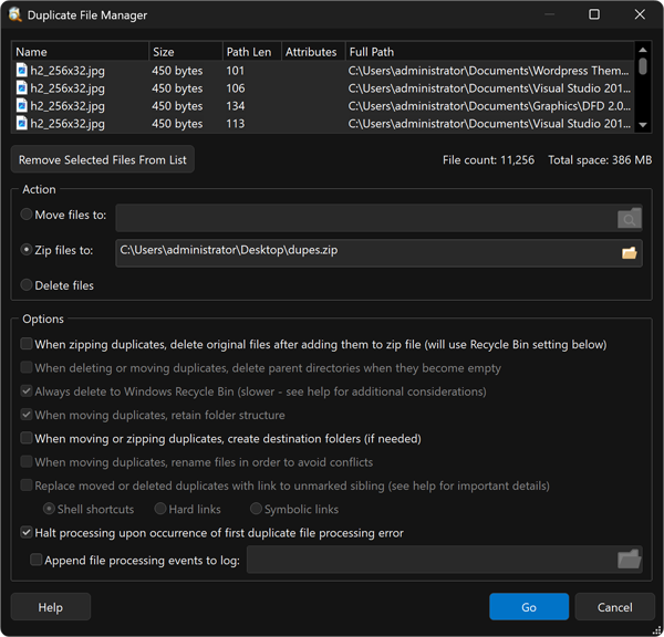 Duplicate File Manager window used to move, delete, or zip marked duplicate files