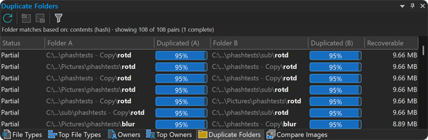 Duplicate folder report showing matched folder pairs