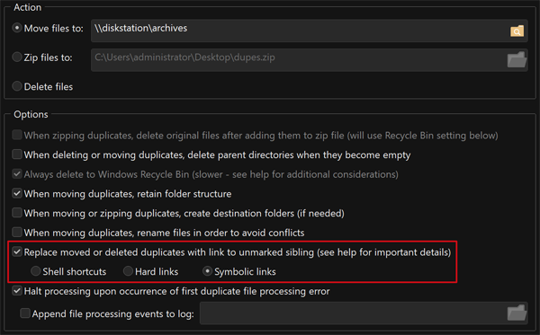 Duplicate file linking options for replacing removed duplicates with links