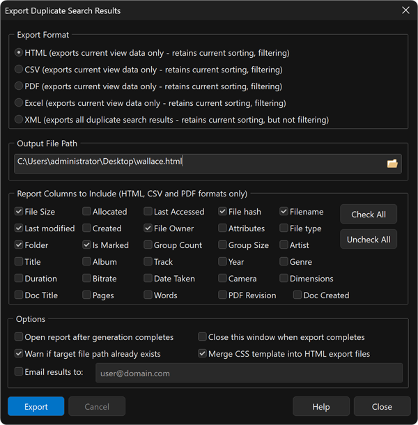 Export window for saving duplicate file search results to HTML, CSV, PDF, Excel, or XML