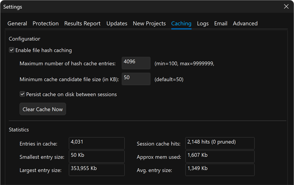 File hash caching settings and cache statistics