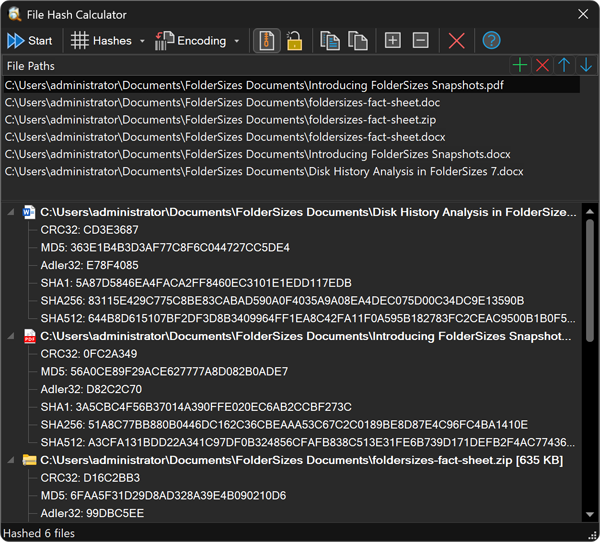 File hash calculator computing CRC32, MD5, SHA-1, SHA-256, and SHA-512 checksums