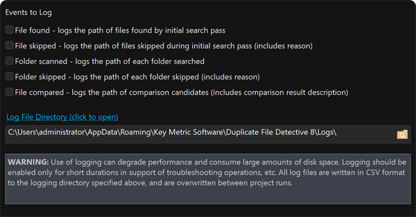 Search logging options for recording duplicate file scan and comparison activity