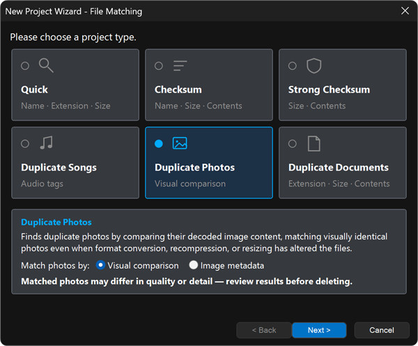 Duplicate search project wizard file matching templates