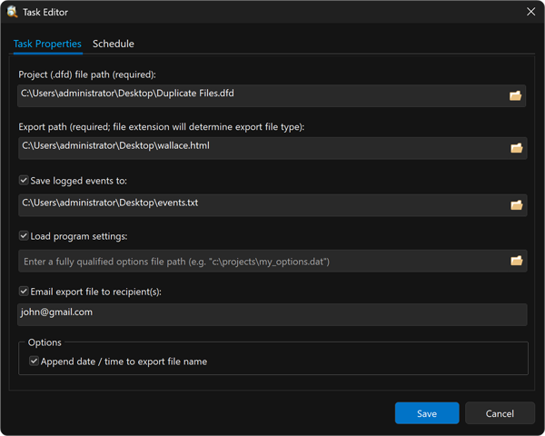 Task scheduler editor for scheduling recurring duplicate file reports