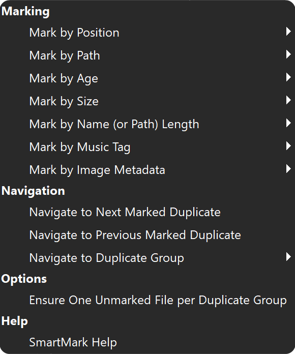 SmartMark menu showing options to mark duplicate files by position, path, age, and size