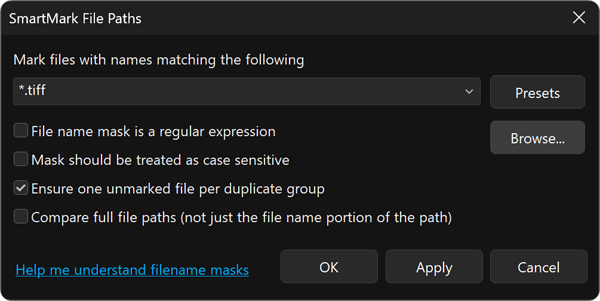 SmartMark dialog for marking duplicate files by file path pattern