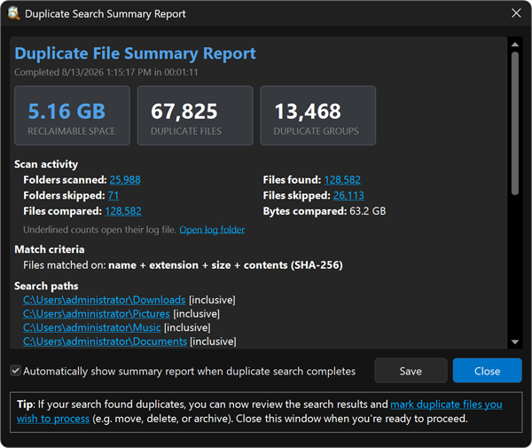 Duplicate file search summary report showing files scanned, duplicates found, and elapsed time